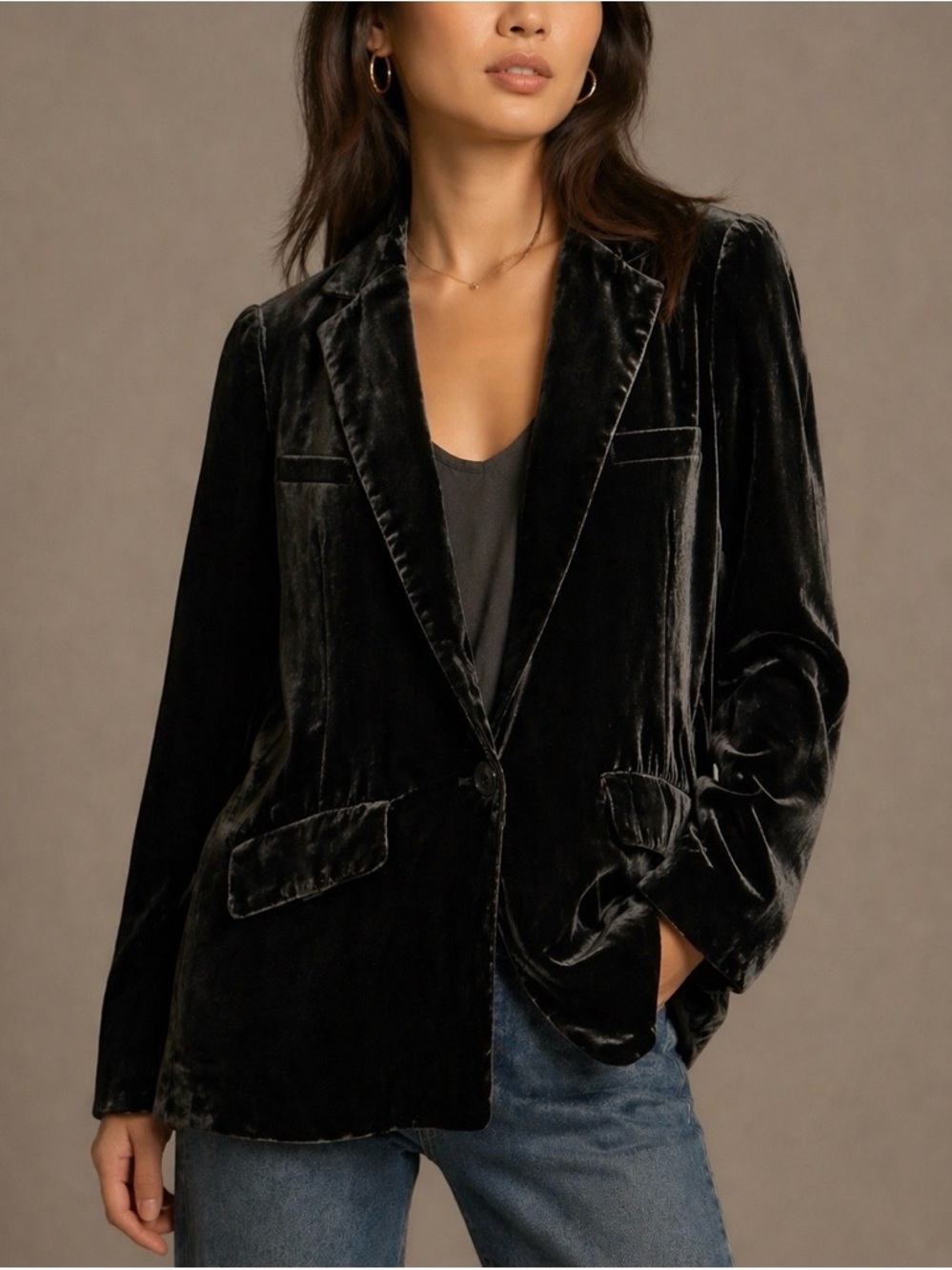 By Anthropologie Alessia Velvet Blazer XS Charcoal Gray Preppy Minimalist Chic